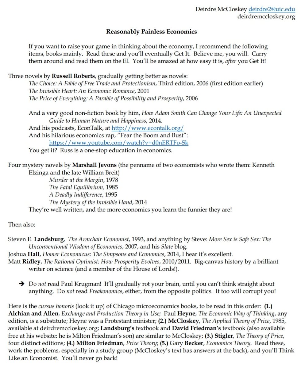 Sergio_Econ's tweet image. Sugerencias para aprender economía
Mi receta, que no necesariamente es la mejor, es una combinación de autores de Chicago, UCLA y de la escuela austriaca.
Lo que a mí me funcionó primero fue seguir una ruta similar a esta propuesta por Deirdre McCloskey. ⤵️