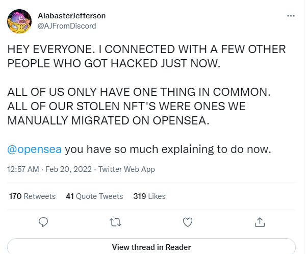 Zeneca's tweet image. There's rumours going around that wallets are being drained due to the opensea migration. VERY unconfirmed but I am seeing this everywhere -- and it is better to err on the side of caution here I think. 

If you have migrated on opensea, revoke permissions revoke.cash