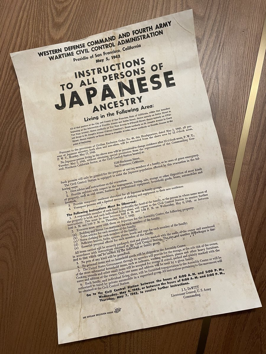 tweetraychang's tweet photo. 80 years ago, on February 19, 1942, President Franklin D. Roosevelt signed Executive Order 9066. This led to the mass incarceration of around 120,000 people of Japanese descent - most of whom were American citizens.

I have an original poster from CA ordering people to the camps. https://t.co/DJAIJU8hEv