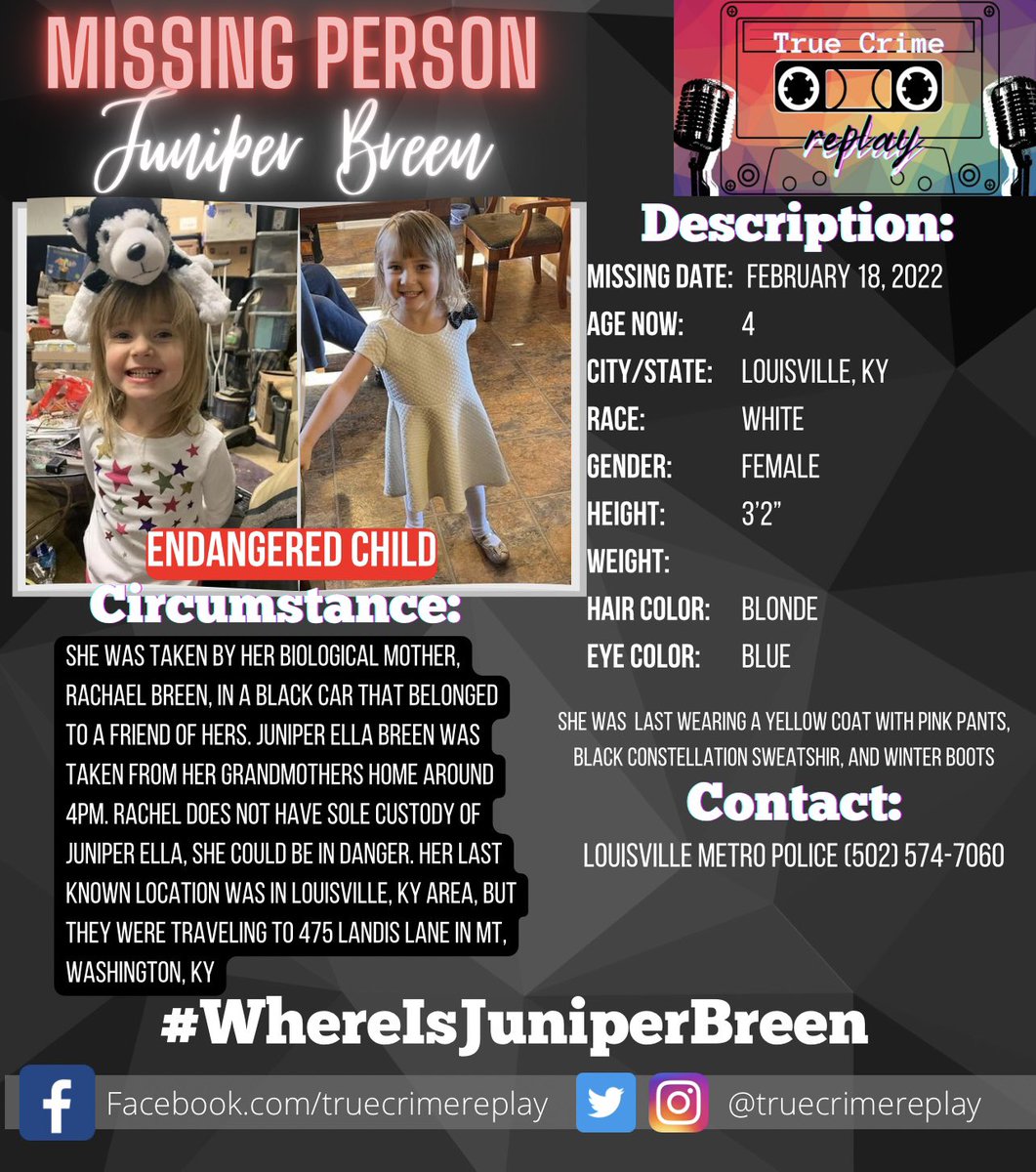 truecrimereplay's tweet photo. #JuniperBreen #Missing #EndangeredChild #ParentalAbduction #Kentucky #TrueCrimeReplay https://t.co/nCLedKweiH