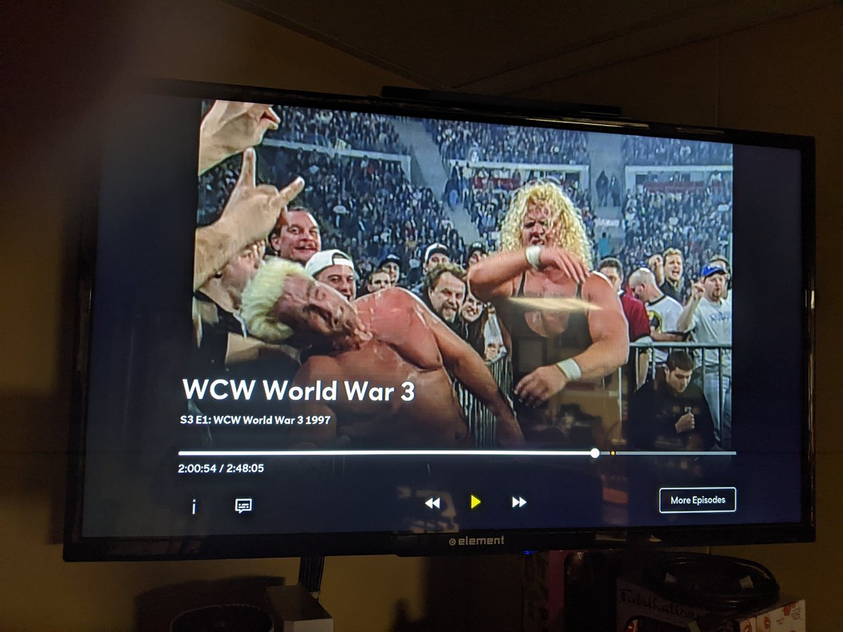 Crazyface42's tweet photo. @KenCarman Why I'm surprised you aren't down with Peacock: 5 bucks a month for the entire WWE video library. All classic WWF, WCW, ECW ppvs... TV... Monday night wars. It's all there. https://t.co/kvx2IY09Gh