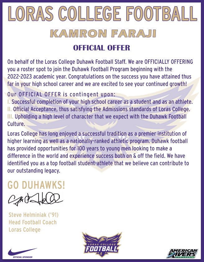 After a great conversation with <a href="/CoachHLorasFB/">Steve Helminiak</a> I am very grateful to announce that I have received my 4th offer from Loras College!🙏🏽🙏🏽