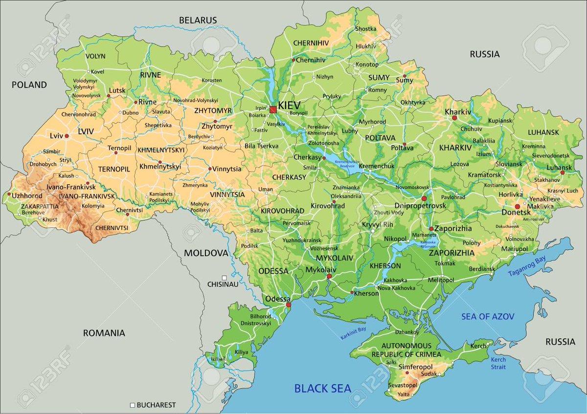 Now let's cover the Ukrainian geography. First, as we can see, Ukraine is a very flat country. It has mountains only in the very west, in Carpathians, and in the very south, on the southern cost of Crimea. The rest of the country is flat as a pancake. What does it mean? 🧵