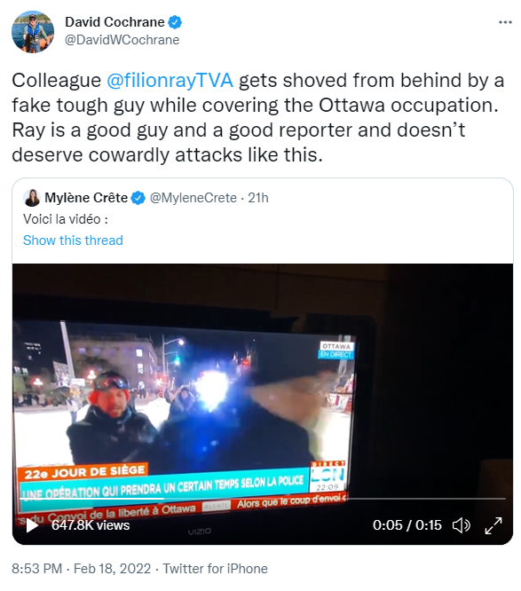 CBCFletch's tweet photo. In the past day, reporters covering the convoy in Ottawa &amp; related protests across Canada have been shoved, spat at, swarmed &amp; threatened by mobs of demonstrators.

Recently, some politicians have tacitly or overtly encouraged aggression toward journalists.

It all needs to stop. https://t.co/7LlHqlgDwF