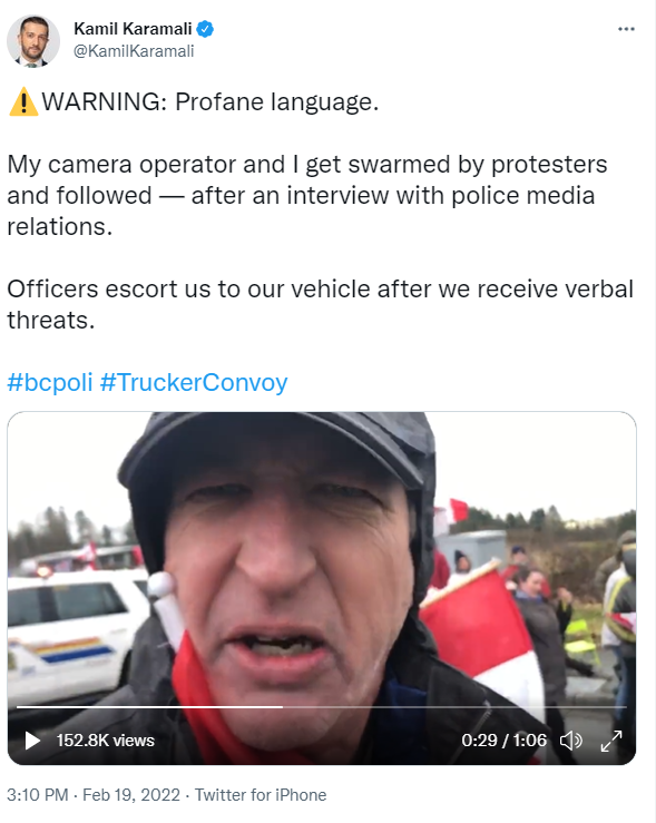 CBCFletch's tweet photo. In the past day, reporters covering the convoy in Ottawa &amp; related protests across Canada have been shoved, spat at, swarmed &amp; threatened by mobs of demonstrators.

Recently, some politicians have tacitly or overtly encouraged aggression toward journalists.

It all needs to stop. https://t.co/7LlHqlgDwF