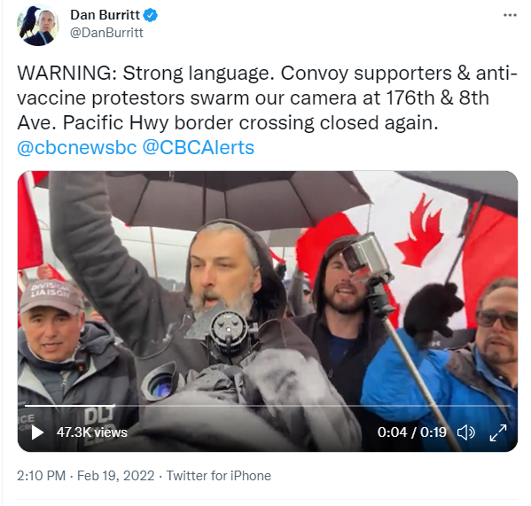 CBCFletch's tweet photo. In the past day, reporters covering the convoy in Ottawa &amp; related protests across Canada have been shoved, spat at, swarmed &amp; threatened by mobs of demonstrators.

Recently, some politicians have tacitly or overtly encouraged aggression toward journalists.

It all needs to stop. https://t.co/7LlHqlgDwF
