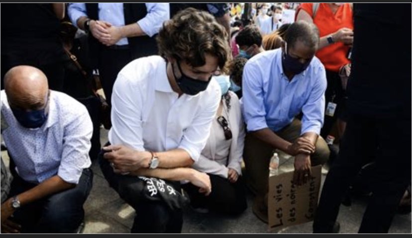 hammerandnigel's tweet photo. LOL Remember that time when #Trudeau took a knee to protest “police brutality?”#TrudeauTyranny https://t.co/2iPDrE9qSo