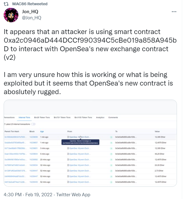 BTCdayu's tweet photo. 小心，目前OS有多起被盗正在发生！怀疑与OS正在升级的新合约有关，有许多被盗事件正在发生。

怀疑是因为OS正在进行的合约迁移存在漏洞，opensea网站的这地址正在大量转入NFT：
https://t.co/DT4qIWtN1X

 @the_x2y2 无任何异常，具体消息我会进一步跟进核实。 https://t.co/Gt3oJ82Mtv