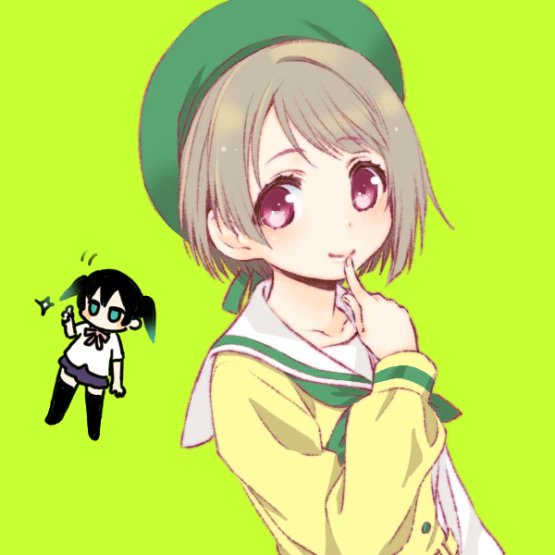 nakasu kasumi ,takasaki yuu 2girls multiple girls short hair hat green background black hair school uniform  illustration images