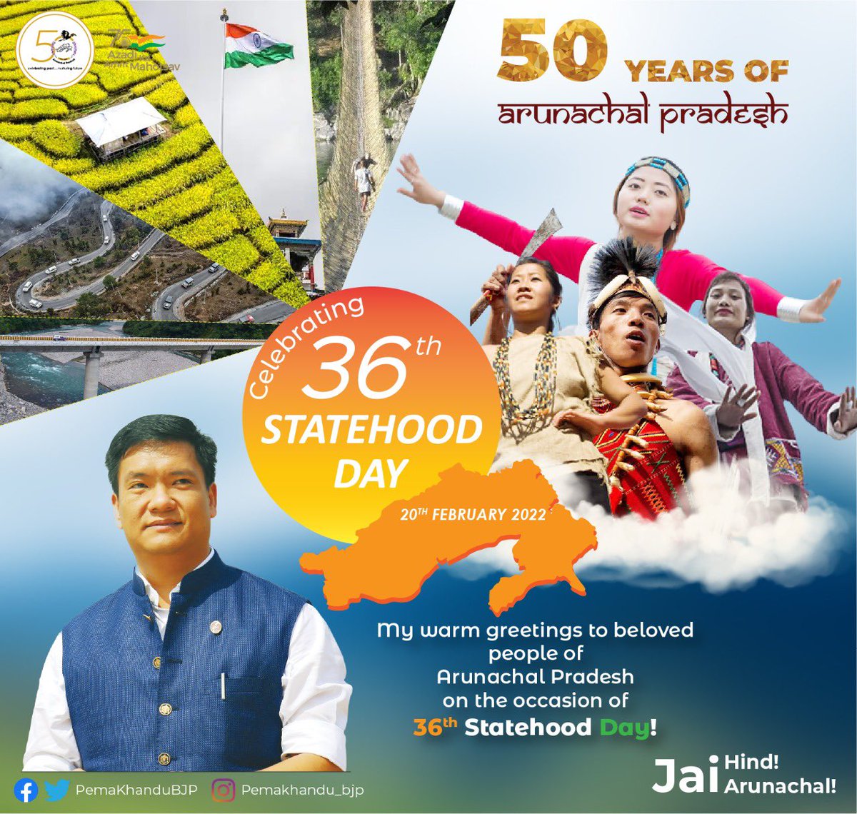 PemaKhanduBJP's tweet photo. Warmest wishes and greetings to my beloved people of Arunachal Pradesh on the happy occasion of 36th Statehood Day Celebration. 

Let us all work together and contribute in building a New Arunachal that is harmonious, prosperous and corrupt free. 

Jai Hind! Jai Arunachal! https://t.co/dFLSzE0VBq