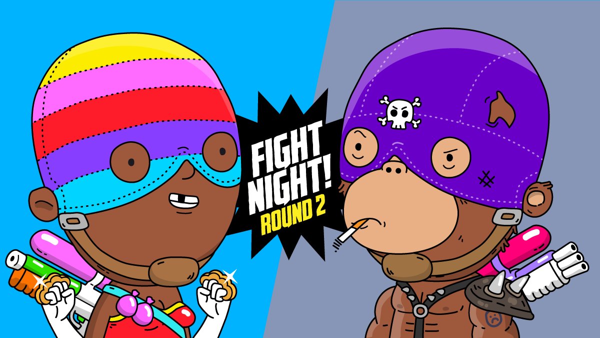 SemiSupers's tweet photo. Round 2 sees brass knuckles vs monkey muscles!

Vote using either #painbow or #chimpainzee

#NFTCommunity #NFTartist #NFTs https://t.co/Sp1as0m0YE