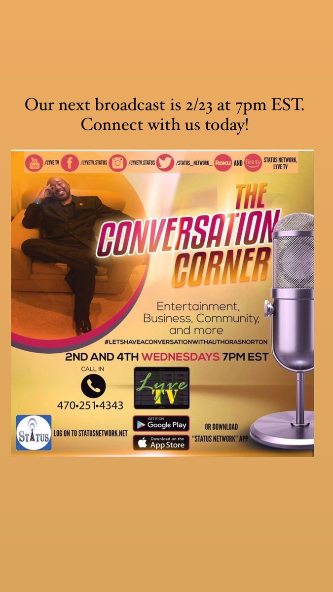 AuthorASnorton's tweet photo. Make sure to connect with us on the @status_network_ on the LyveTV channel. Visit https://t.co/DQb20sZtQn and subscribe/watch today! #letshaveaconversationwithauthorasnorton #Entertainment #business #community #StatusNetwork #LyveTV #thefutureofbroadcasting #MyTeamIsDope https://t.co/gUeYNw6s4x