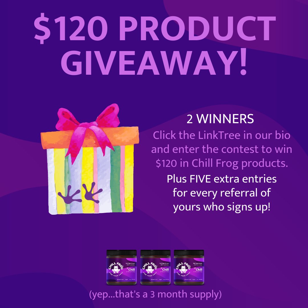FrogCbd's tweet photo. THE FROG IS FEELING GENEROUS

Click on the Linktree in our bio on the contest and be entered to win $120 in Chill Frog product. 2 winners in late March.  

Refer your friends and get 5 additional entries per referral who signs up!  

Time to #findyourchill 

#cbdcontest https://t.co/uTtl7xELuC