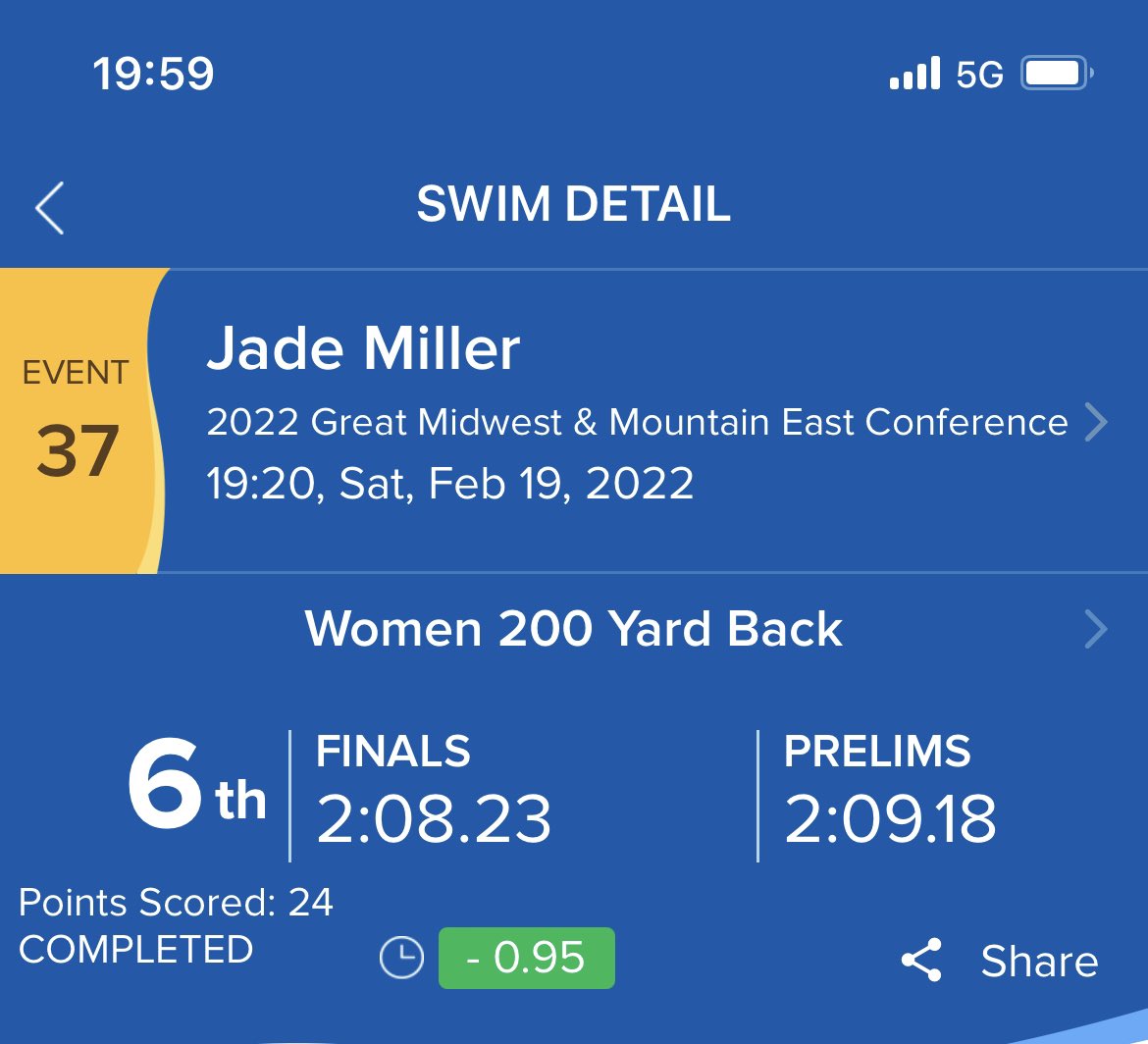 Congrats @jadem_swim … 200BK Conference Champion plus another drop for a new lifetime best!! Great seeing it in person!!
