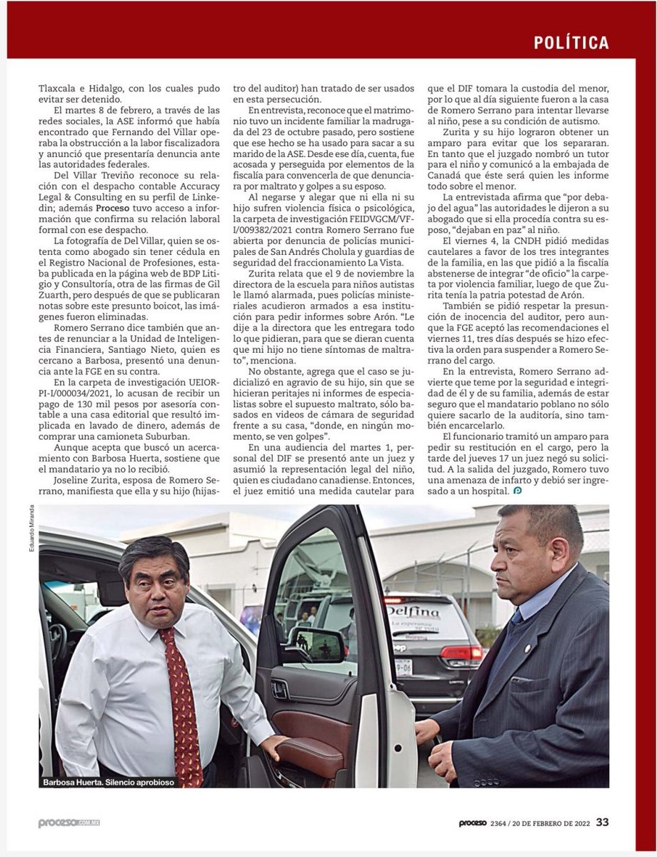 Arturo Alfaro Galán (@alfarogalan) on Twitter photo La revista <a href="/proceso/">Proceso</a> dedica sus páginas centrales a un trabajo periodístico que vincula a Roberto Gil Zuarth con la persecución a <a href="/aud_francisco/">Francisco Romero Serrano</a>, de la <a href="/AsePuebla/">Auditoría Superior del Estado de Puebla</a>.
En semanas pasadas también lo relacionó con el caso de la <a href="/udlap/">UDLAP</a>.
Ambos temas, bajo la venia de <a href="/MBarbosaMX/">Miguel Barbosa ✞</a>. La revista <a href="/proceso/">Proceso</a> dedica sus páginas centrales a un trabajo periodístico que vincula a Roberto Gil Zuarth con la persecución a <a href="/aud_francisco/">Francisco Romero Serrano</a>, de la <a href="/AsePuebla/">Auditoría Superior del Estado de Puebla</a>.
En semanas pasadas también lo relacionó con el caso de la <a href="/udlap/">UDLAP</a>.
Ambos temas, bajo la venia de <a href="/MBarbosaMX/">Miguel Barbosa ✞</a>.