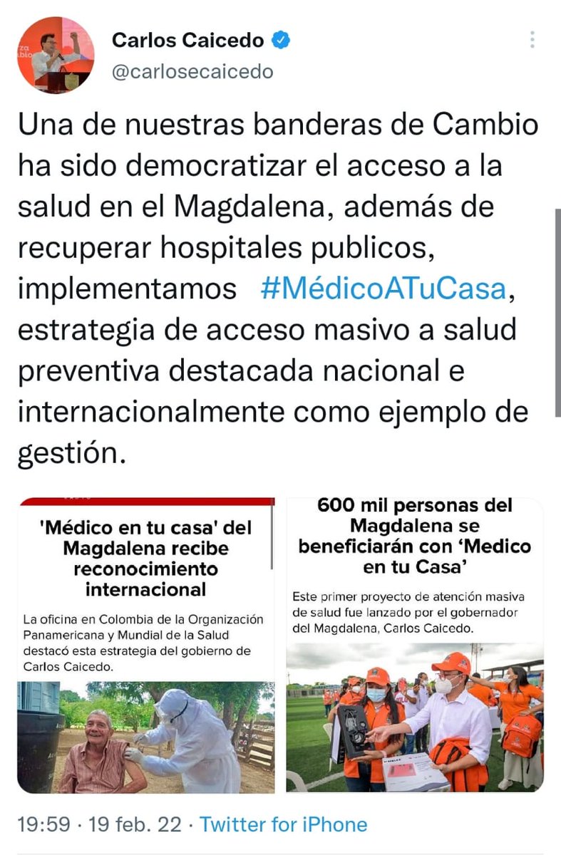 Seguimos con el cambio, médico en tu casa, uno de los proyectos bandera de nuestro gobernador del Magdalena, EL MAGDALENA RENACE, gracias a los médicos que hicieron posible este gran reconocimiento <a href="/carlosecaicedo/">Carlos Caicedo</a> <a href="/SaludMagdalena/">SaludMagdalena</a>  
Somos la fuerza del cambio 🧡