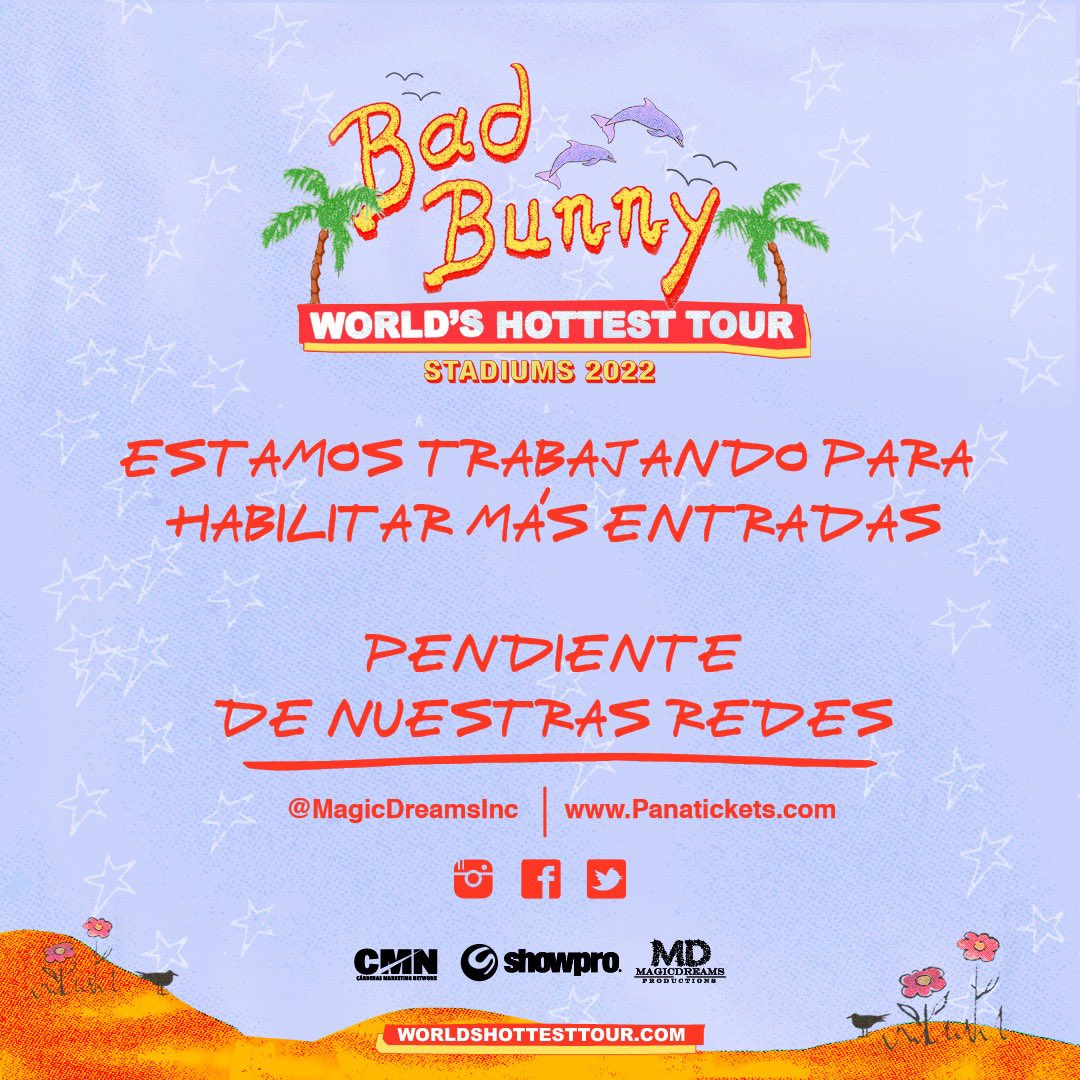 Si piensas que te quedaste sin entradas al #WorldsHottestTour de #BadBunnny, te equivocaste!  Pendientes a <a href="/Panatickets/">Panatickets</a> y <a href="/magicdreamsinc/">Magic Dreams</a>