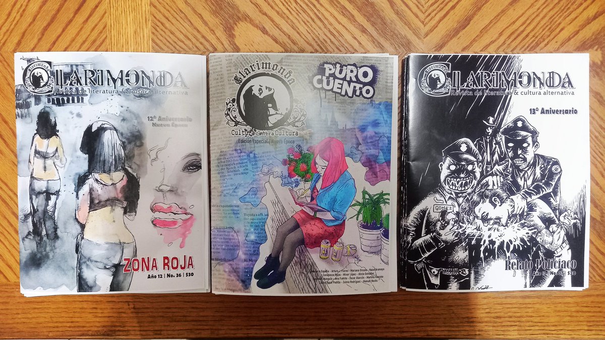 Reva_Clarimonda's tweet photo. ¡ESTAMOS DE VUELTA!

Estimados, les anunciamos que ya tenemos ediciones impresas de los números dedicados a la "Zona Roja", "Puro Cuento" y "Relato Policiaco". Cada edición cuesta $50 (más costo envío). Si desean adquirir alguna escriban al correo revistaclarimonda@gmail.com https://t.co/ZQ7m4a9e4n