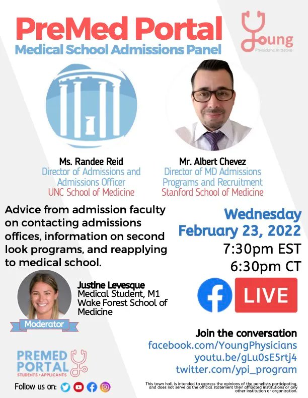 Meet ADMISSIONS DEANS sharing advice. Join YPI livestream, 2/23 @ 7:30 ET to watch live and submit questions.
- Stanford and UNC Schools of Medicine
You can view past events and sign up to receive notifications for future events here:
buff.ly/3sLRYOw