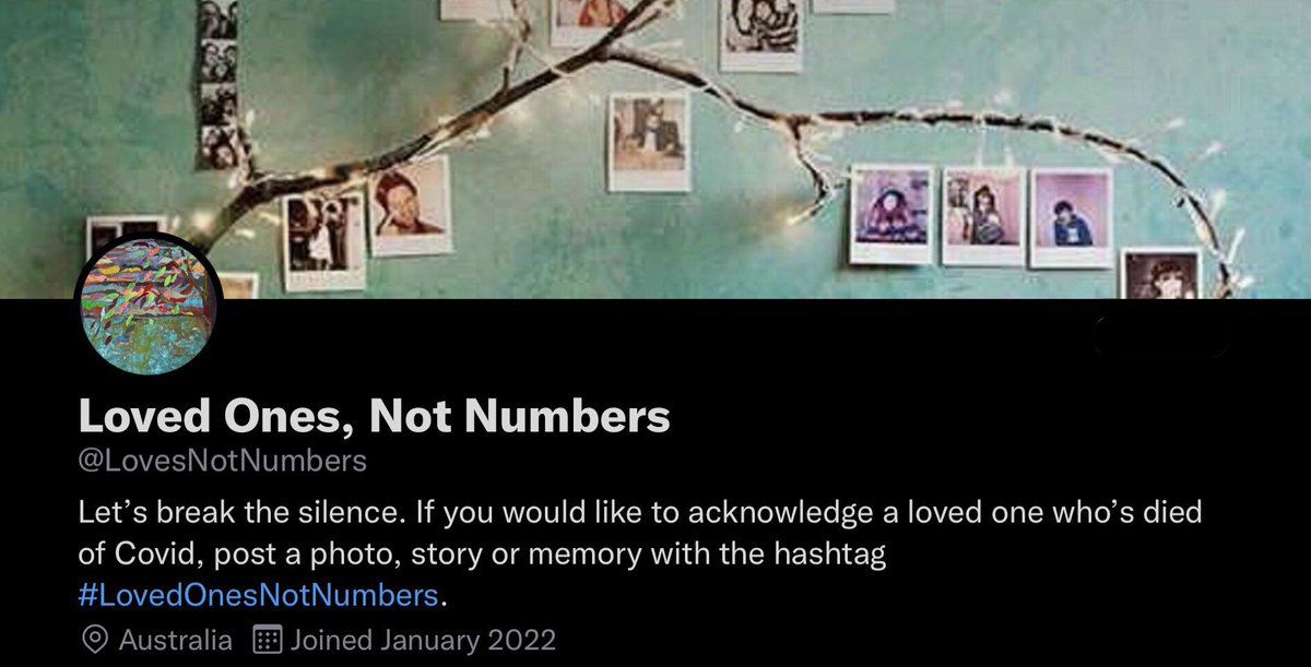 LovesNotNumbers's tweet photo. Please help build a virtual gallery of personal remembrances to honor fellow Australians who’ve died in the pandemic. If you know someone who’s lost a loved one to Covid, invite them to post a tribute w/ the hashtag: #LovedOnesNotNumbers https://t.co/S2JGpPy6so https://t.co/a85boGCSab