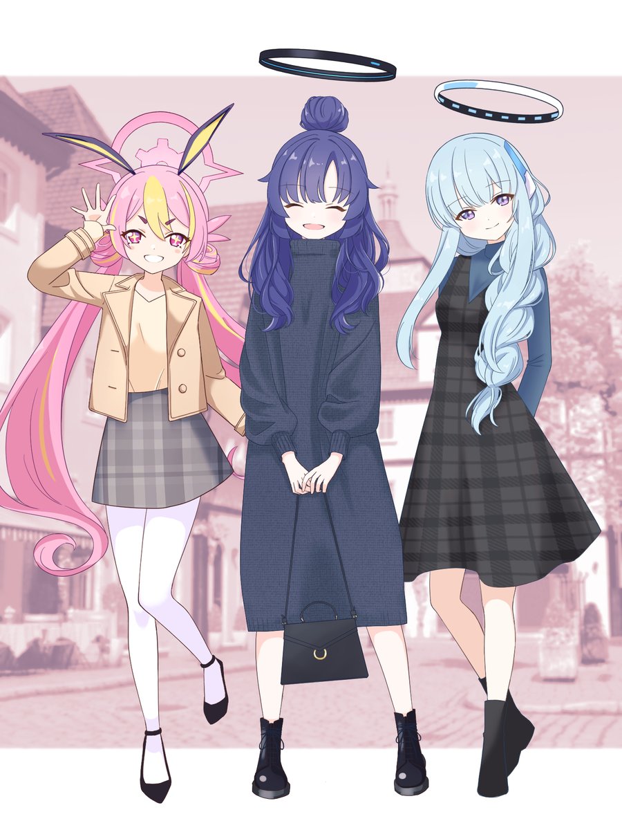 multiple girls 3girls halo pink hair blue hair smile long hair  illustration images
