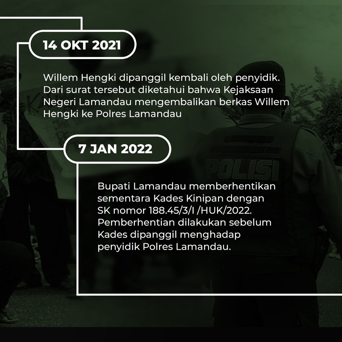 Jaga_Rimba's tweet photo. Dalam postingan di atas, kami mencoba untuk merangkum kronologi penahanan kades Kinipan. Banyak kejanggalan ditemukan selama proses berjalan, mulai dari pemberhentian Kades oleh Bupati sebelum dipanggil penyidik hingga alasan penahanan yang tidak begitu jelas. https://t.co/36vQYPJEs2