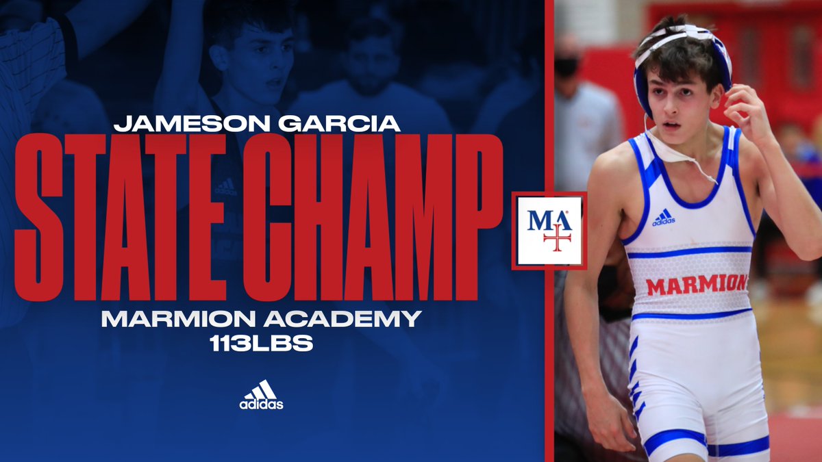 MarmionAD's tweet photo. STATE CHAMP! Congratulations  to Junior Jameson Garcia on winning the 3A State 113lb weight division! #CADETPRIDE @MarmionWrestle1 @pchabura https://t.co/msE2dlPW31