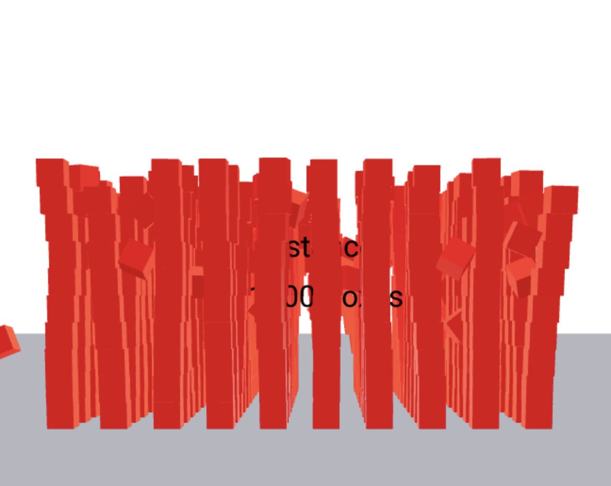 BehindEng's tweet image. 1,000 collapsing cubes rendering & simulating physics at 60 FPS on a #Website! 😍 Even on📱#mobile!
👉 Try it now: …it-feat-examples-glavin001.vercel.app/stress?size=10…
#ammojs @pmndrs 's #r3f #threejs @threejs #webgl @WebGL #webdeveloper #screenshotsaturday #screenshots #Physics @reactjs #ReactJS #React
