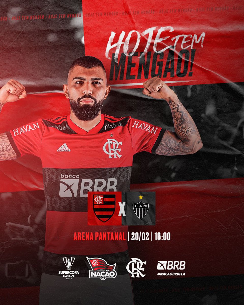 Flamengo's tweet photo. HOJE TEM MENGÃO NA FINAL DA SUPERCOPA! 

Às 16h, o Mais Querido enfrenta o Atlético-MG, na Arena Pantanal, em Cuiabá. Vamos com tudo com o apoio de nossa Nação!

#FLAxCAM #VamosFlamengo https://t.co/AVD9c1qRSc