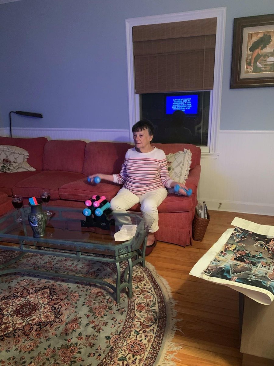 DanaLohn's tweet photo. My luminous 93yo grandmere with her hand weights while she watches #Jeopardy . This woman runs TIGHT, every night. Note the wine for after. Nice in life to have a concrete role model. #brilliantwoman #independence #healthy #buildadynasty https://t.co/3z3ul4yGrV