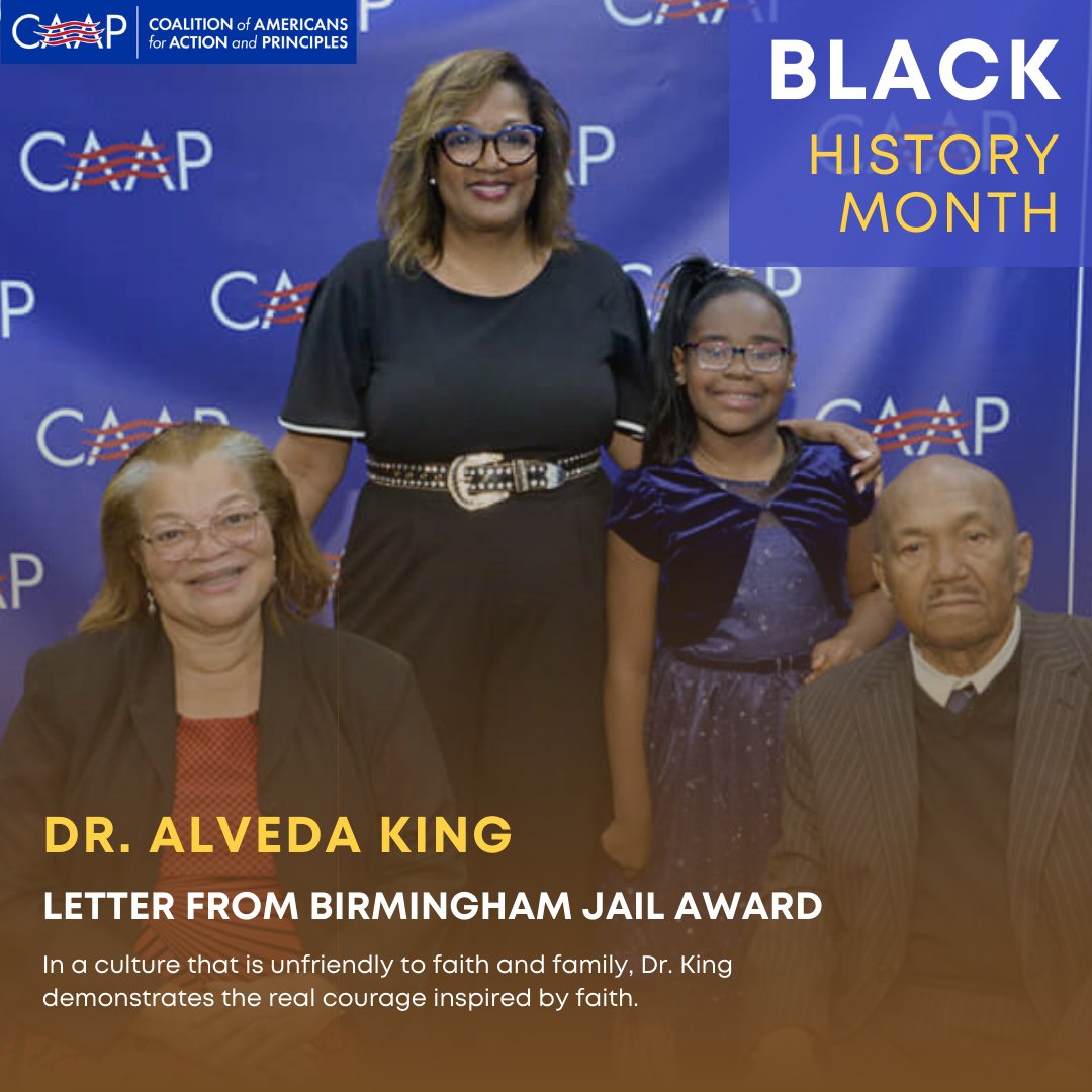 caapusa's tweet photo. We were so happy to present this year's Letter from Birmingham Jail Award to Dr. King's niece, @AlvedaCKing. Alveda is dedicated to spreading Biblical truth in defense of marriage and the unborn. In a culture that is unfriendly to faith and family, Dr. King demonstrates courage. https://t.co/2qwEIwmiQR