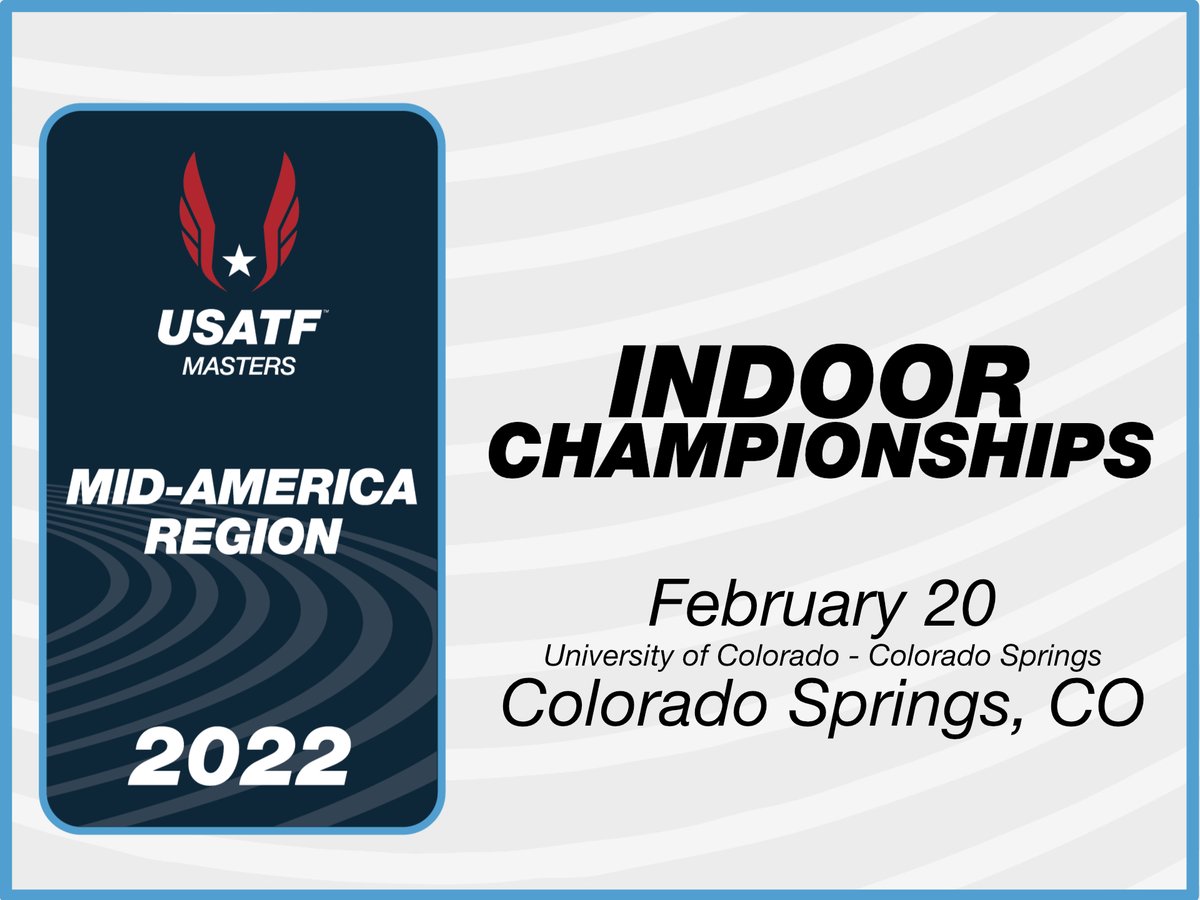 Best of luck to all of the athletes competing in tomorrow's USATF Mid-America Region Masters Indoor Championships in Colorado Springs!