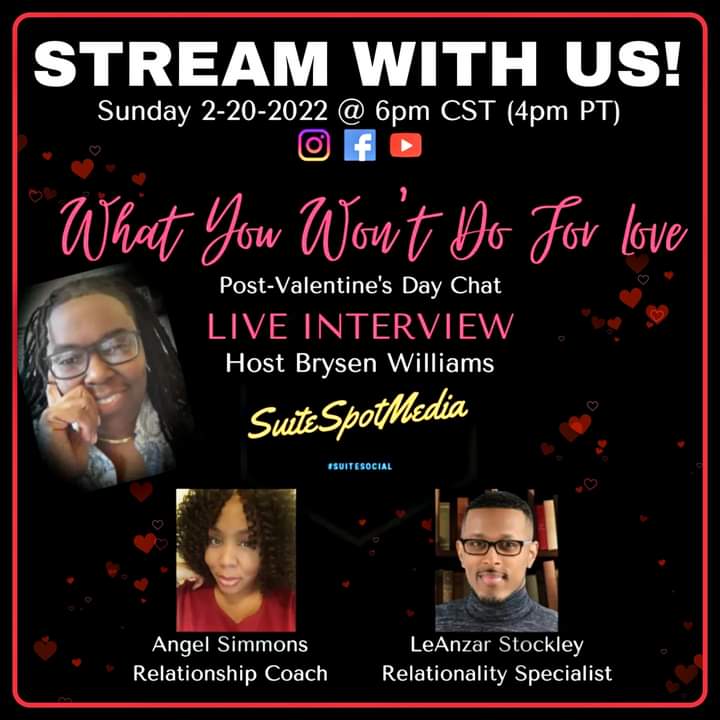 TheMessageInc's tweet photo. Tune in SUNDAY NIGHT live on FB, IG and YT with host @BrysenTheOne + @LeAnzar and @LovesGr8Design for our POST Valentine's Day chat, "What you WON'T do for Love" 👀

2-20-2022 @ 6pm CST/4pm PST
https://t.co/O3lNEch0lV

#LovesGreatDesign ❤
#TargetOfLove 🎯
#TheMessage 🗣 https://t.co/gIBE5q4zo8