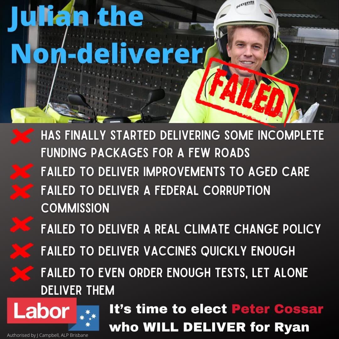 Peter_Cossar's tweet photo. The LNP didn’t like the tag ‘Julian the Non-deliverer’ a few weeks ago. He  was out yesterday saying what he’d ‘delivered’ - part funding for roads and not much else. We need a hard working member who will really deliver on issues important to Ryan. 
#laborforryan #RyanVotes https://t.co/EdDBY8vmtH