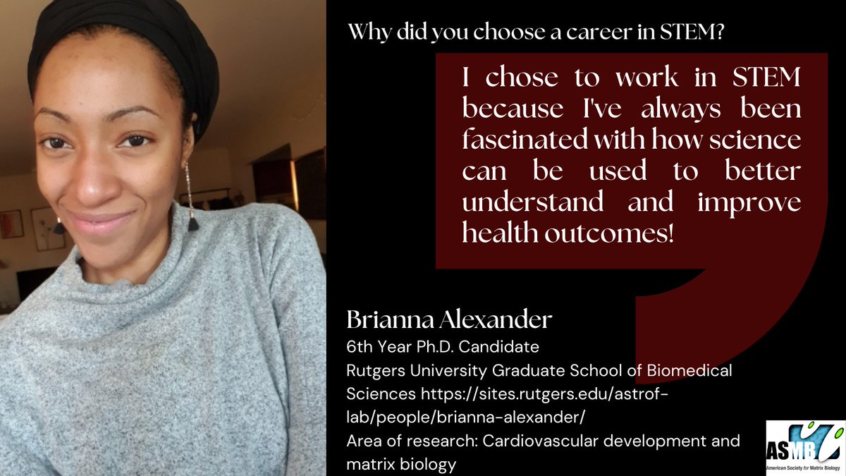 amsocmatbio's tweet photo. Meet Brianna Alexander, a PhD candidate and an expert in Cardiovascular development and matrix biology @RutgersU!
Want to meet more of these #Extraordinary #Women, Check out https://t.co/ybtmTq1SOv #WomenInASMB #WomenInECmatrix #WomenMakingHistory https://t.co/tZsmgEP3Z5