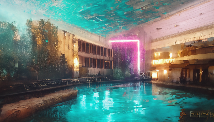 EErratica's tweet photo. Main prompt: "A glistening pool in the middle of an abandoned synthwave hotel" https://t.co/FMi024NHzN