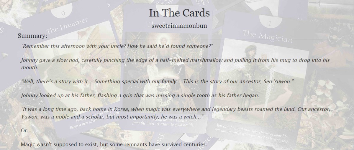 yoongusamoongus's tweet photo. In The Cards
✨JohnTen
🎴Chaptered, Rated T
✨Magic, Faeries, Curses
🎴Written for @JohnTenFicFest 
✨https://t.co/yeM3W4tWWs https://t.co/bxWoiONbOO