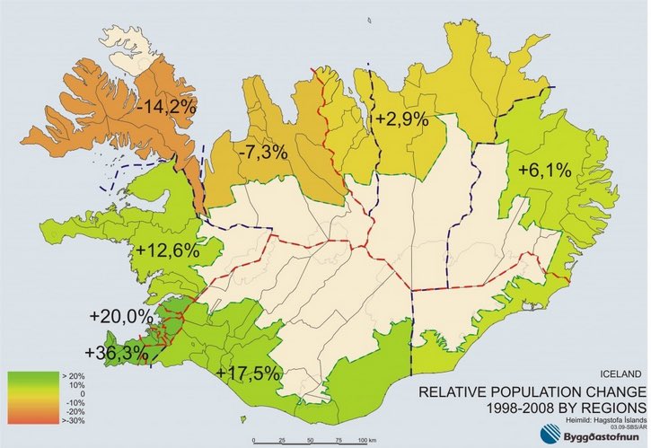 ConnorG38542376's tweet photo. @GEO102SUNY This map shows the % change in population in Iceland regions from 1998-2008. Certain areas became much more dense during this time. https://t.co/H2b55KxIwH https://t.co/6gSuusP8XP
