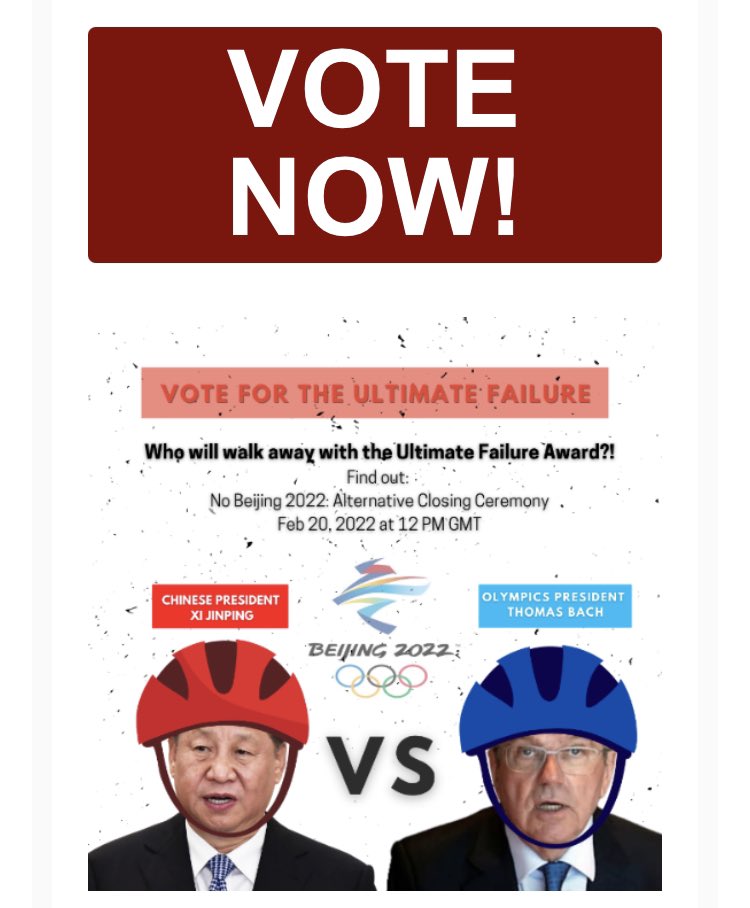 TheTibetNetwork's tweet photo. There’s also still time to choose your #UltimateFailure of #Beijing2022 - will it be Xi to Bach?
#VoteNow at https://t.co/RSWToS9vmR
#NoBeijing2022 #GenocideGames #Olympics2022 #ClosingCeremony #PeoplesChoiceAward https://t.co/wmFmpsmGP9