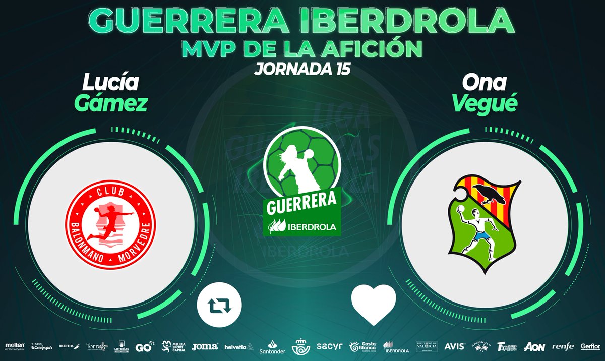 ⭐️ #GuerreraIberdrola - Jornada 15

🆚 <a href="/BMMorvedre/">#vamosMorvedre🖤♥️</a> : <a href="/BMGranollers/">BM Granollers</a> 

♻️ RT: Lucía Gámez
❤️ Me gusta: <a href="/onavegue14/">Ona Vegué</a>