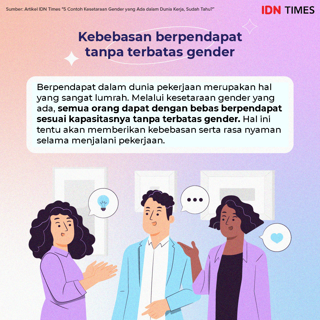 IDNTimes's tweet photo. ✨Kebebasan berpendapat tanpa terbatas gender✨

Melalui kesetaraan gender yang ada, semua orang dapat dengan bebas berpendapat sesuai kapasitasnya tanpa terbatas gender. Hal ini tentu akan memberi kebebasan serta rasa nyaman selama menjalani pekerjaan. #IDNTimesInfografis https://t.co/i0Pkt3SYdB