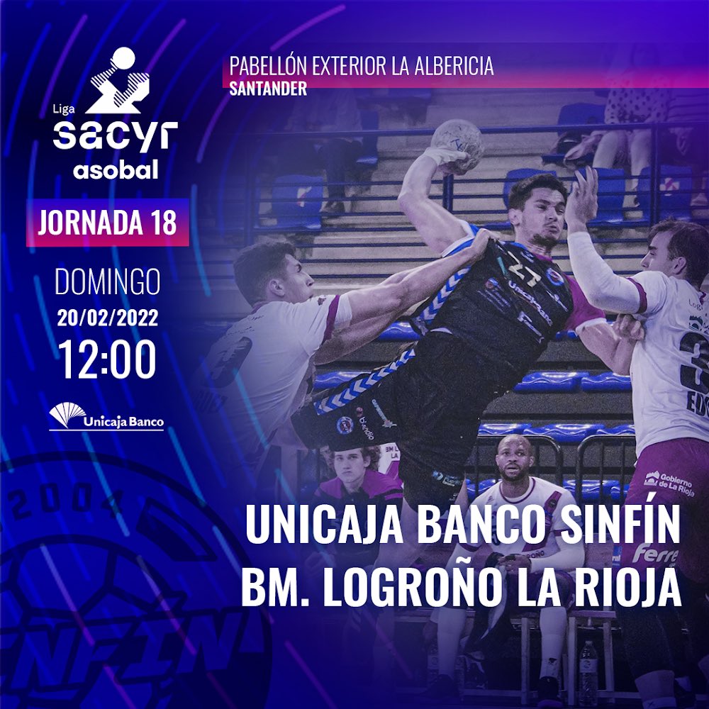 bmSinfin's tweet photo. 💥 #MATCHDAY 💥
🏆 Liga Sacyr @ASOBAL Jor. 1️⃣8️⃣
🆚 @UnicajaBanco @bmSinfin - @CdadLogrono
📅 Domingo 20/02
⏰ 12:00 h.
🏟 Pabellón Exterior de La Albericia
📲 @LaLigaSportsTV
#️⃣ #AúpaSinfín #SINLOG #LiveASOBAL #LigaSacyrASOBAL https://t.co/zLxjcBfmuR
