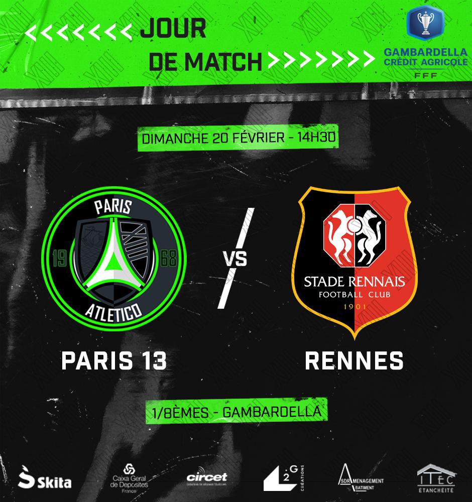 Paris13Atletico's tweet photo. 𝐉𝐨𝐮𝐫 𝐉 - 𝐆𝐚𝐦𝐛𝐚𝐫𝐝𝐞𝐥𝐥𝐚 🏆

Le Paris 13 Atletico reçoit à 14h30 le Stade Rennais en marge des 8es de finale de la Coupe Gambardella ! Les joueurs ont besoin de vos encouragements ! 👏

🏟 Boutroux
⏱ 14h30
🎫 4€
🎖Gratuit pour les licenciés
😷 Pass sanitaire requis https://t.co/7Sl2OyO5N5