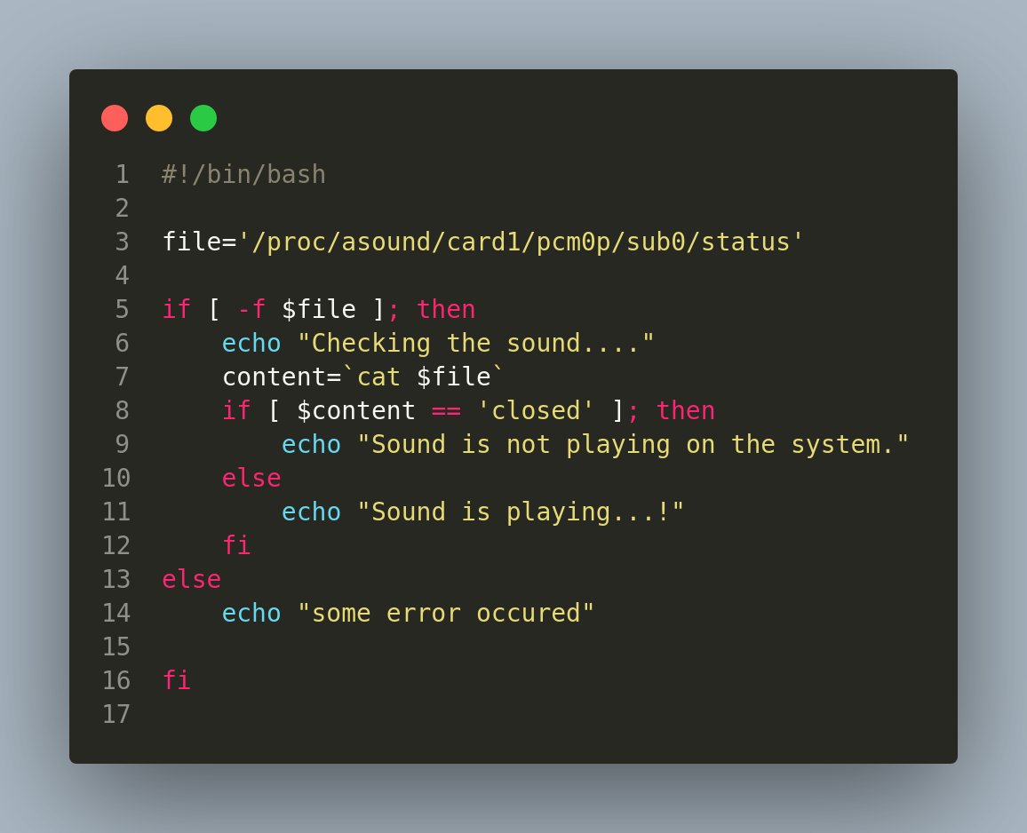 its_yours_kumar's tweet photo. Simple Linux Bash Script to check if your system is playing sound or not. 👇
#its_Kumar
#Linux #Bash #sh #script #programming #coding #softwareEngineering https://t.co/BJ5fnc7EYP