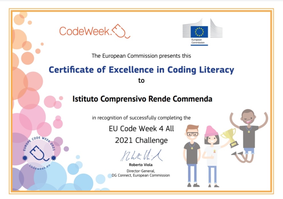 IcRendeCommenda's tweet photo. Il nostro Istituto Comprensivo ha ricevuto il Certificato di Eccellenza in "Coding Literacy" dalla Commissione Europea per la partecipazione alla Europe CodeWeek.
 @codeweekeu
@IcRendeCommenda https://t.co/bQoKT5q32V