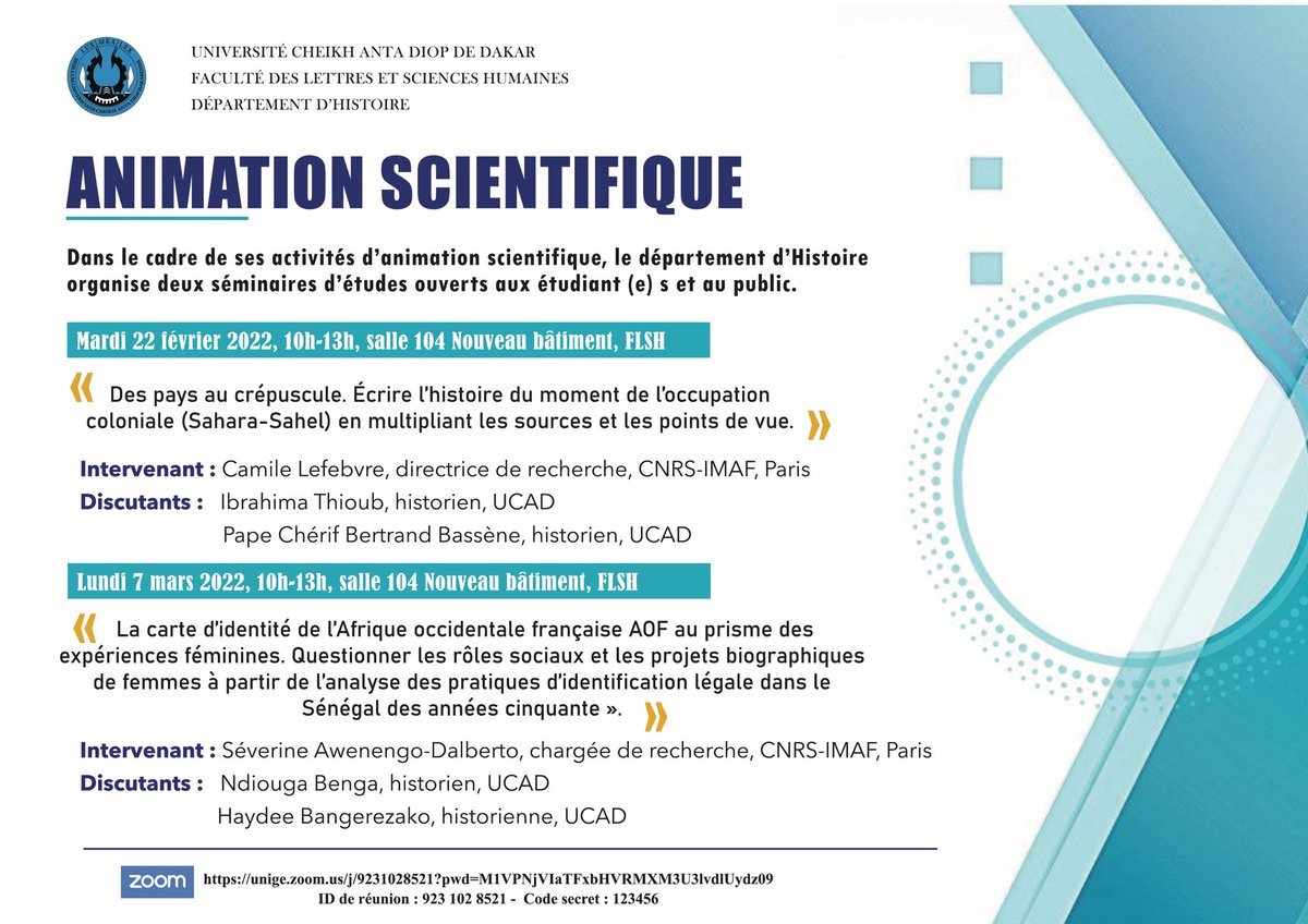 UCAD_Senegal's tweet photo. #ANIMATIONSCIENTIFIQUE
Dans le cadre de ses activités d’animation scientifique, le Département d’Histoire organise deux séminaires d’études ouverts aux étudiants et au public
https://t.co/RsXdtGKS62
#ucad #kebetu #compublique #senegal #rencontre #FLSH @Ibrahimthioub @CamiLefebvre https://t.co/98uxM8C7Gm