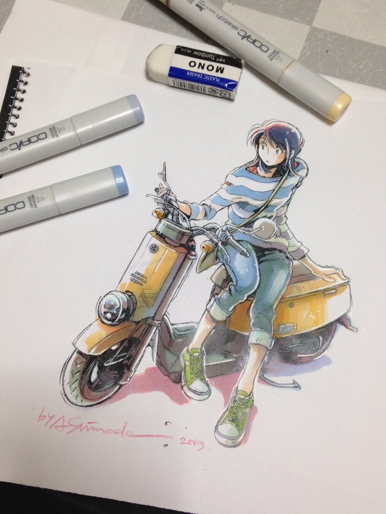 #50ccバイクの日  ええええうそーん(*'Д`*)!!!❤️ 慌てて乗っかります💨💨💨 一枚めは #break_through 6話表紙ボツ稿、色も塗らずにオクラになってたやつ笑 あとはいつものw  #コピック