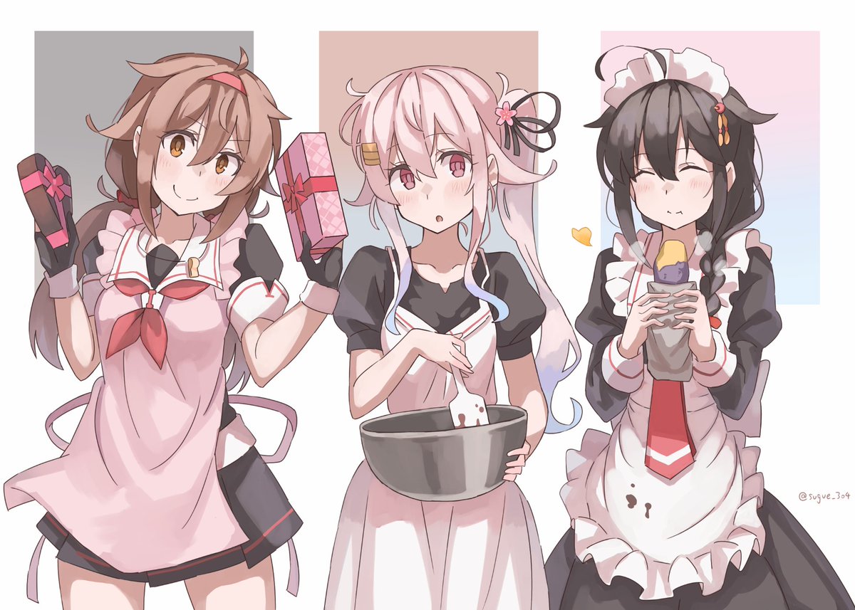 harusame (kancolle) ,shigure (kancolle) ,shiratsuyu (kancolle) multiple girls apron 3girls pink hair brown hair braid hair flaps  illustration images