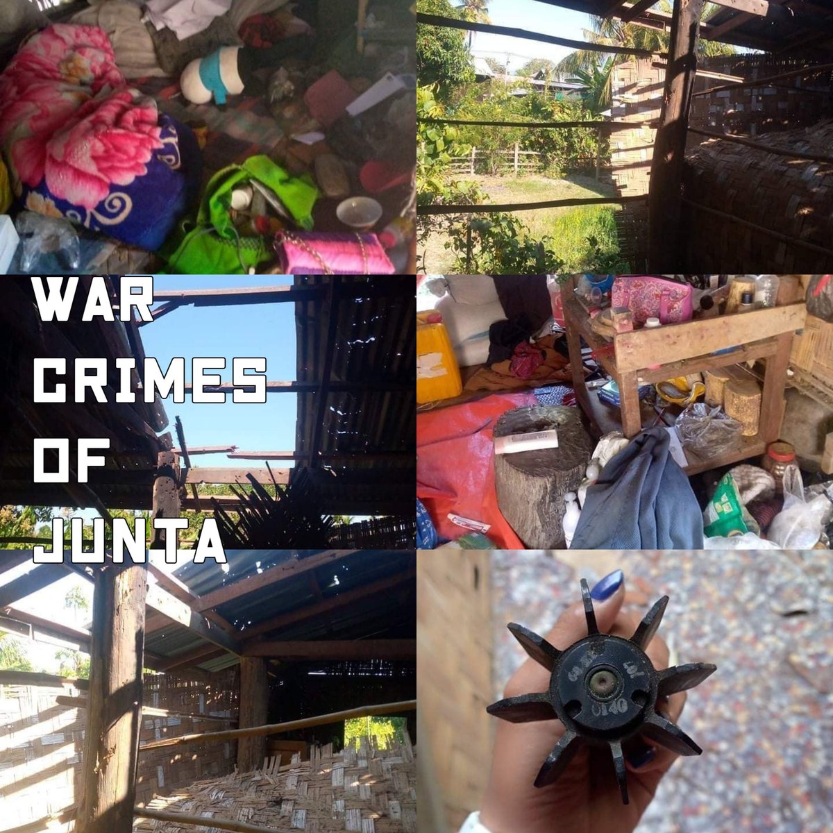 GiGi71908391's tweet photo. In Sagaing's Kale Twp, Natchaung Vlg: #MyanmarMilitaryTerrorists fired heavy artillery weapons and looted/stole/destroyed people's properties on Feb 19.  #2022Feb20Coup #WarCrimesOfJunta #WhatsHappeningInMyanmar https://t.co/z6AtL7z4BS