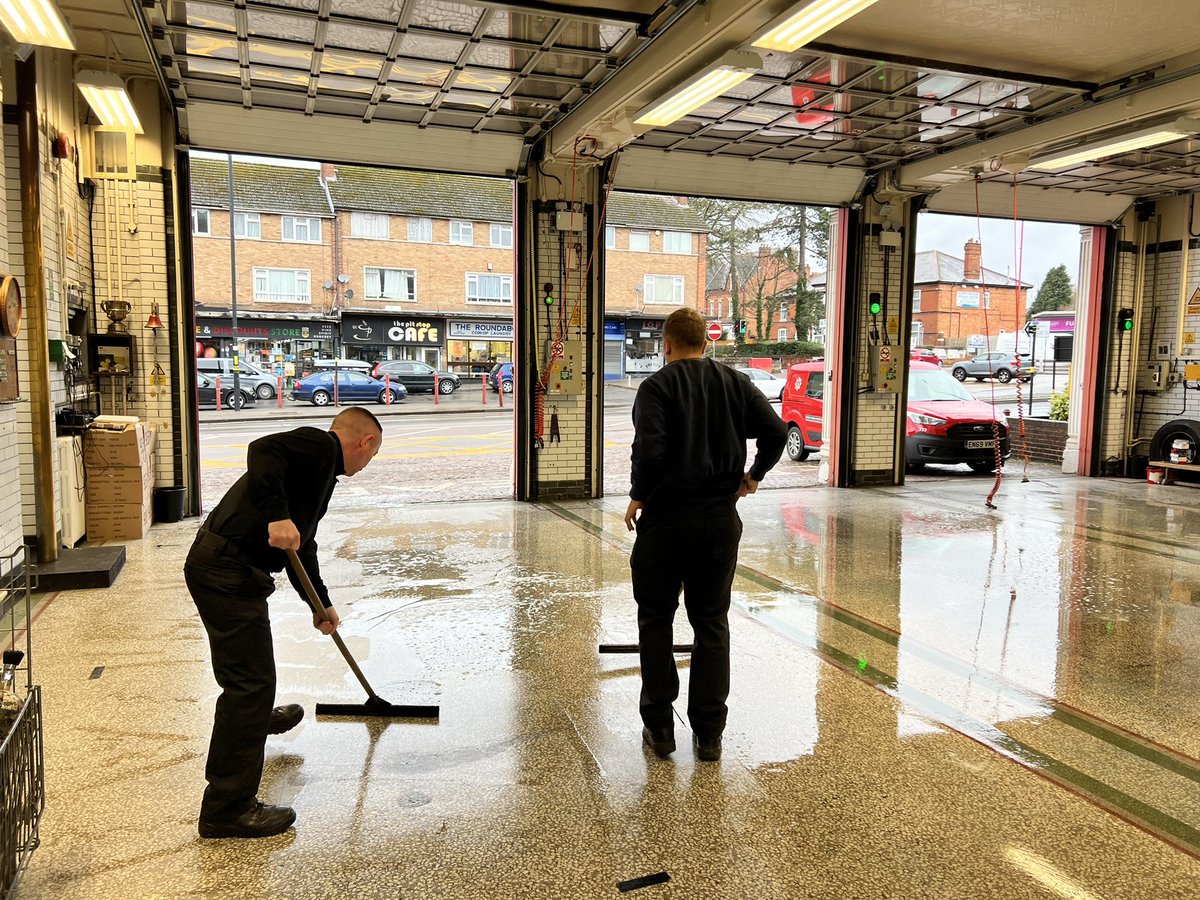 Green watch Kings Norton are carrying out our weekly engine house scrub out. This is done every Sunday morning. Keeping our station &amp; equipment clean and ready for use is important. #notjustfires